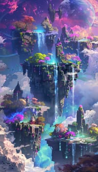 Dreamlike landscape featuring floating islands and cascading waterfalls. vibrant colors and imaginative forms create a sense of wonder and fantasy, ideal for conceptual designs, posters, or prints seeking to inspire creativity.