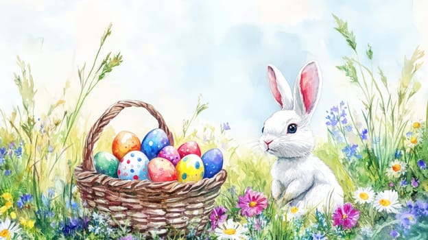 Painting of a white rabbit near a basket with colored eggs in a field with daisies for Easter holiday