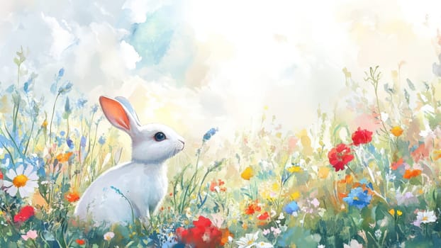 Painting of a white bunny in a field with daisies for Easter holiday