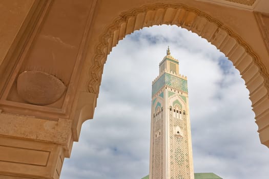 View from the arcade of the Hassan II Mosque in Casablanca. Morocco. Horizontally. 