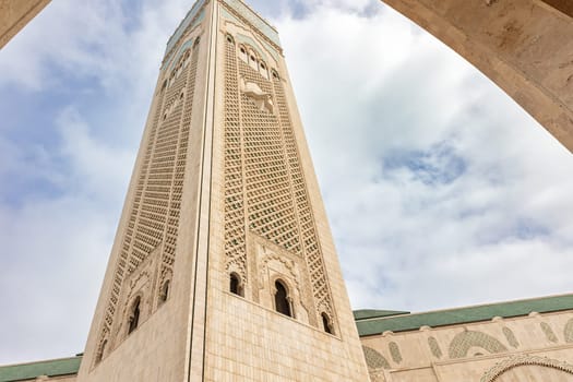 Closeup view of the tower of Hassan II  Mosque.  built in 1993. Horizontally. 