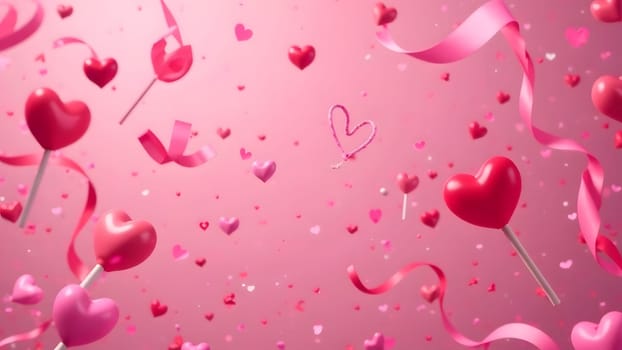 A playful image of colorful candy hearts, lollipops, and swirling ribbons floating against a soft pastel background, evoking a cheerful and lighthearted Valentine's vibe. High quality photo