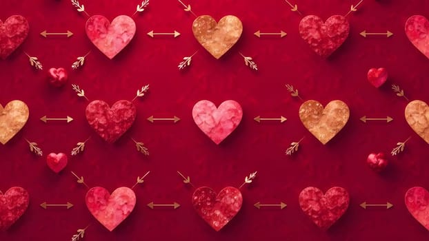 Modern and bold, with repeating geometric patterns of hearts and arrows in shiny metallic tones, creating a sharp and clean Valentines Day design. High quality photo