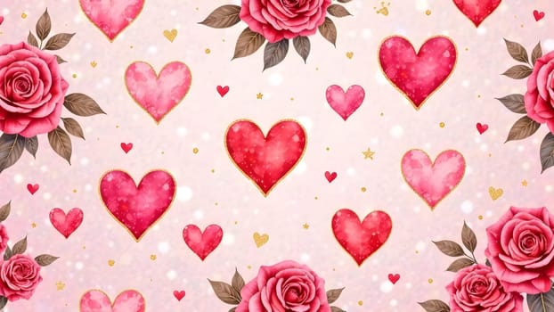 A delicate photo featuring hand-drawn hearts and roses in shades of red and pink, highlighted with soft gold accents on a pastel background. High quality photo