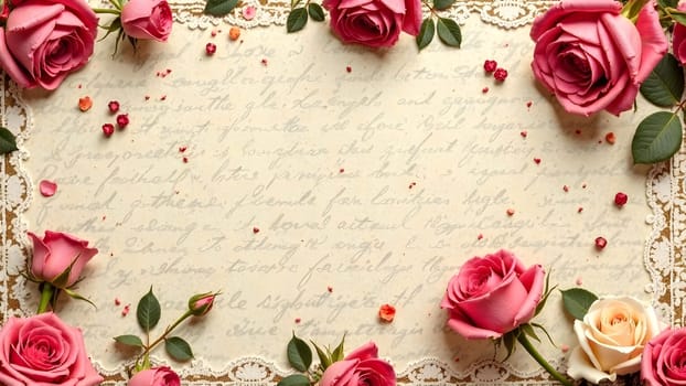 Roses, lace, and love letters symmetrically arranged with minimal gaps, in sepia and muted beige tones, evoking a classic Valentines Day charm. High quality photo