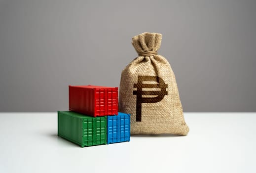 Philippine peso money bag and sea ship containers. Import or export. Trade, economics and transport industry. GDP and production. Production of containers. Tariffs fees and tax