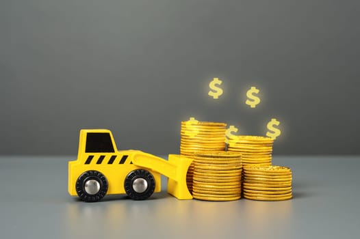 Bulldozer and a stack of coins. Deposits and savings. Invest in the project. Lose money. Confiscation and freezing of assets. Blocking of accounts. Construction and housing.