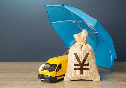 Yellow delivery van and japanese yen money bag under an blue umbrella. Cargo and parcel insurance. Logistics security. Warranty obligations. Protection in conditions of military aggression