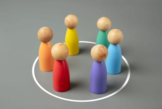 Colorful people in a circle. LGBT+ community. Cooperation and collaboration. Team and teamwork. Pride Month June. International Pride Day. Protection of the rights and freedoms of sexual minorities.