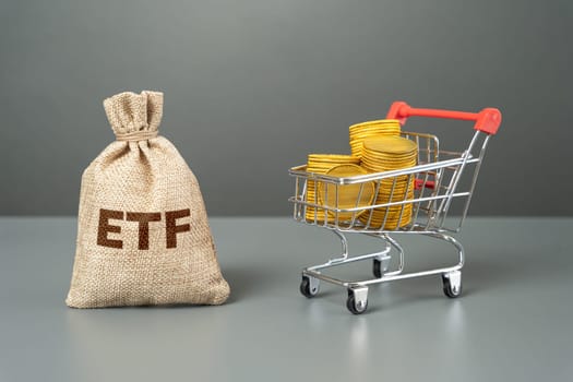 Exchange traded fund and shopping cart with money coins. ETF. Invest on the stock exchange. Receive dividends and profits. Business and trade.