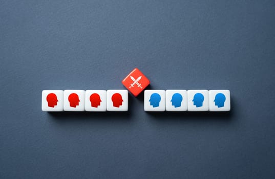 Conflict between groups of people. Confrontation between the parties. Political struggle. Democrats and Republicans in the election race. Resolution and example, de-escalation.