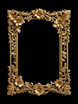 An intricately designed baroque-style golden frame with detailed floral patterns and scrollwork against a stark black background.
