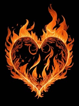An abstract heart-shaped image composed entirely of flames, with shades of orange and yellow.