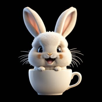 A cute, fluffy white bunny peeks out of a white teacup with a cheerful expression.