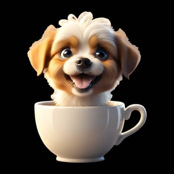 A cute, fluffy white and brown puppy peeks out of a white teacup with a cheerful expression.