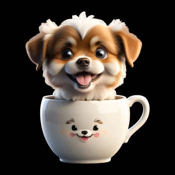 A cute, fluffy white and brown puppy peeks out of a white teacup with a cheerful expression.