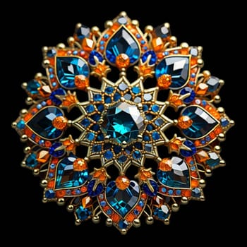 A vintage gold brooch with ornate filigree and a central emerald gemstone, surrounded by pearls and pink gemstones.