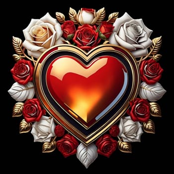 A heart-shaped illustration with intricate details and a vintage gold frame. It features a central red heart surrounded by red roses and green leaves.