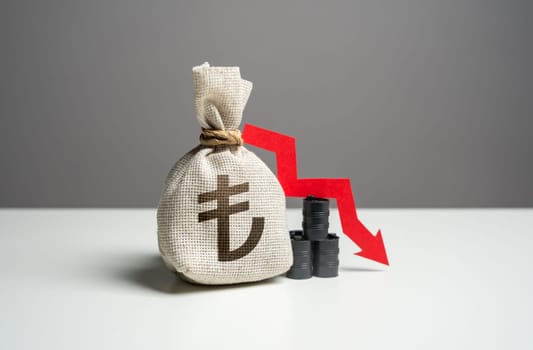 Oil barrels and turkish lira money bag and red arrow down. Falling profit from the sale of energy resources and petroleum products. Trade and fall of oil transportation. Negative prognosis