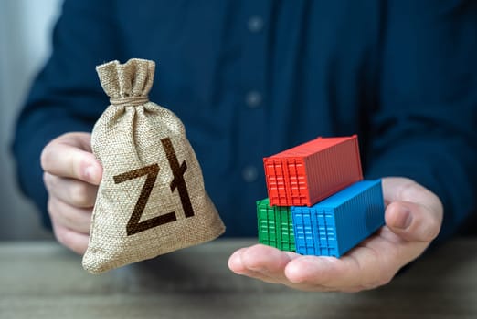 Shipping containers and polish zloty money bag. Economic growth, production and development of transport infrastructure. Make a trade deal. Import and export. Profit from sale of goods