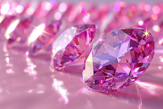 Detailed view of a pink diamond with sharp facets, capturing light and creating reflections.