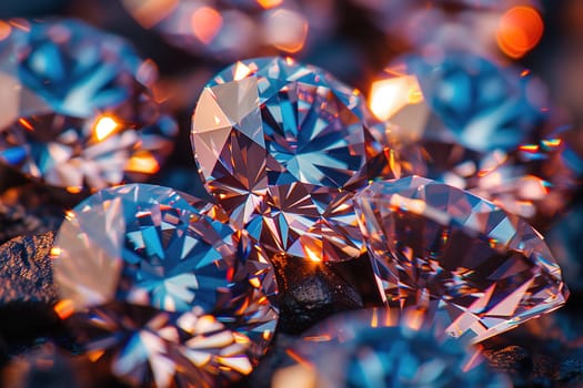 Close-up shot of a sparkling diamond's facets, showcasing intricate cuts reflecting light brilliantly.