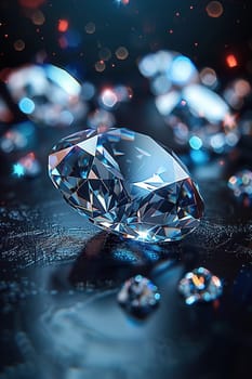 Detailed view of a brilliant diamond with sharp facets, capturing light and creating reflections.