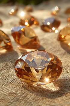 Detailed view of a brilliant diamond with sharp facets, capturing light and creating reflections.