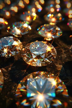 Macro shot of diamond facets reflecting light, showcasing clarity, precision, and captivating sparkle.