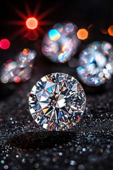 Detailed view of a brilliant diamond with sharp facets, capturing light and creating reflections.