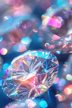 Close-up shot of a sparkling diamond's facets, showcasing intricate cuts reflecting light brilliantly.