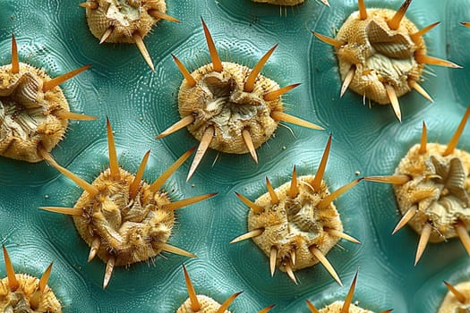 Close-up of a cactus surface, highlighting sharp spines and intricate, textured skin patterns.