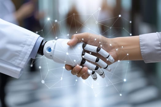 Doctor interacts with AI-powered robotic arm displaying holographic patient data, focusing on precise diagnosis.