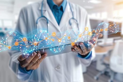 Medical professional using futuristic technology to display a 3D human body on a hologram device.