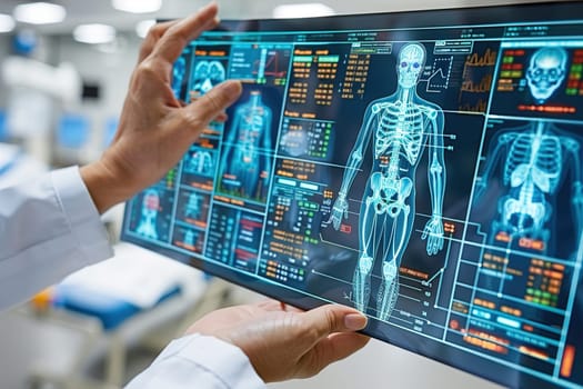 A doctor in a white coat holds a hologram device displaying a digital human body.