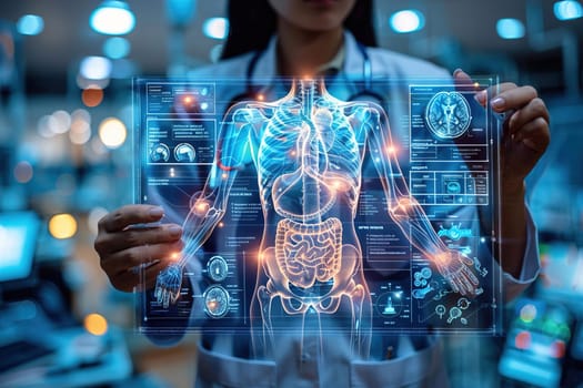 Medical professional using futuristic technology to display a 3D human body on a hologram device.