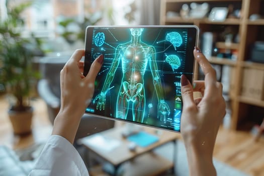 Medical professional using futuristic technology to display a 3D human body on a hologram device.
