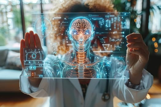 Medical professional using futuristic technology to display a 3D human body on a hologram device.