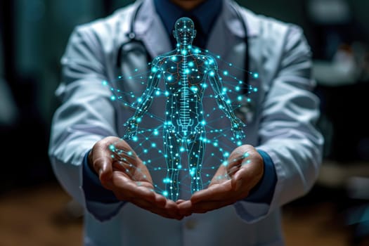 Doctor interacting with a digital body visualization on a hologram device in a modern clinic.