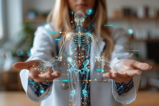 Holographic projection of a human body held by a doctor in a clinical environment.