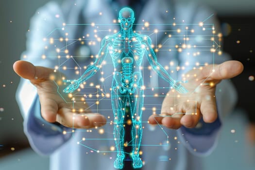Doctor interacting with a digital body visualization on a hologram device in a modern clinic.