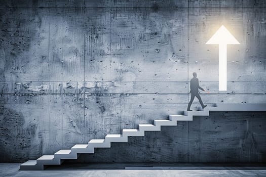 Man walking up a futuristic, glowing arrow-shaped staircase in a sleek, corporate environment.