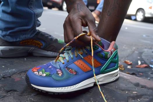 Close-up of a person tying vibrant, custom-designed sneakers with unique patterns in an urban park.