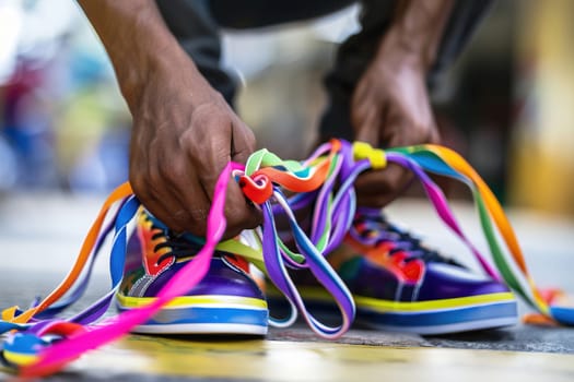 Close-up of a person tying vibrant, custom-designed sneakers with unique patterns in an urban park.