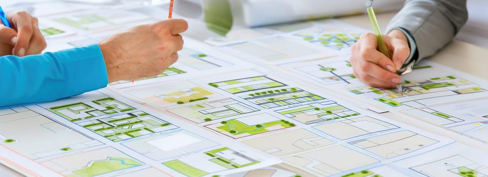 Urban planners gathered at a table, sketching eco-friendly city plans with green concept boardsл