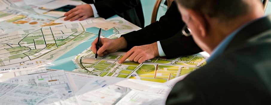 Architects and urban planners working together on sustainable city blueprints, with green building concepts.