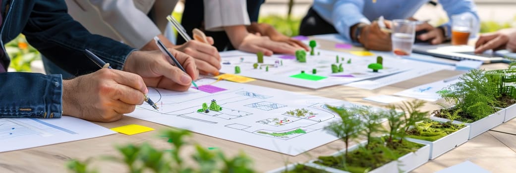 Group of urban planners discussing sustainability, sketching detailed city layouts with nature-focused designsл