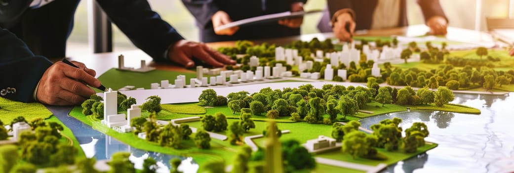 Eco-friendly city planners sketching layout ideas on concept boards, discussing environmental designs and solutions.