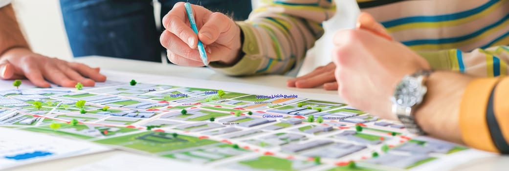 Eco-friendly city planners sketching layout ideas on concept boards, discussing environmental designs and solutions.