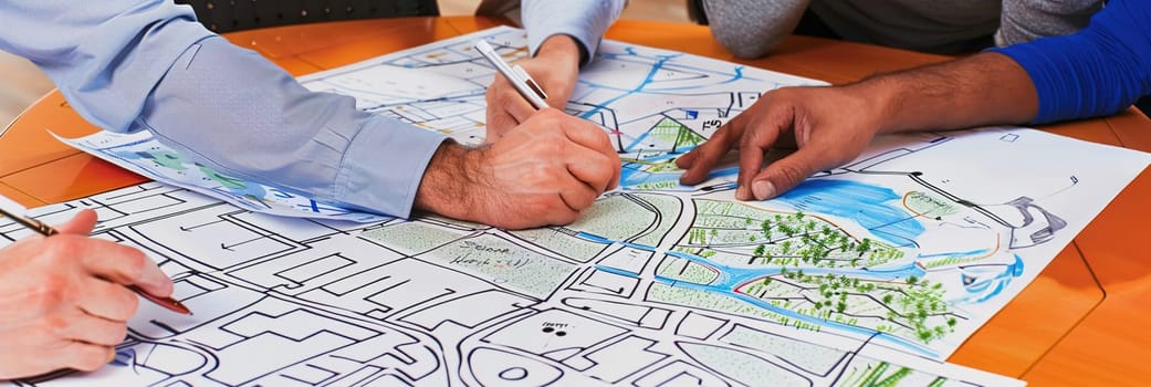 Eco-friendly city planners sketching layout ideas on concept boards, discussing environmental designs and solutions.